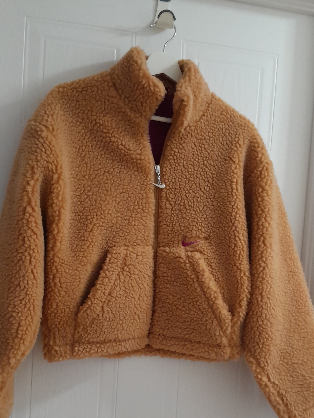 Nike Women Sherpa Puffer Jacket in Caramel with Pink Swoosh